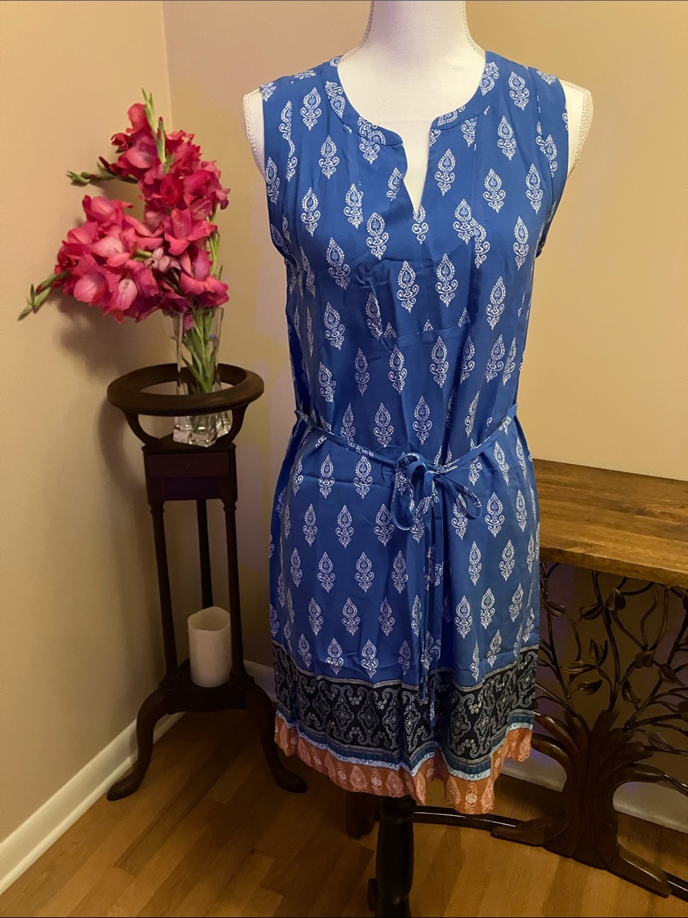 LOFT Blue Sleeveless Printed Tie-Waist knee length Dress with Border Trim